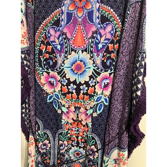Johnny Was Saba Tunic Dress Coverup Purple Floral Fringe Kaftan Boho Chic size L - Picture 4 of 10